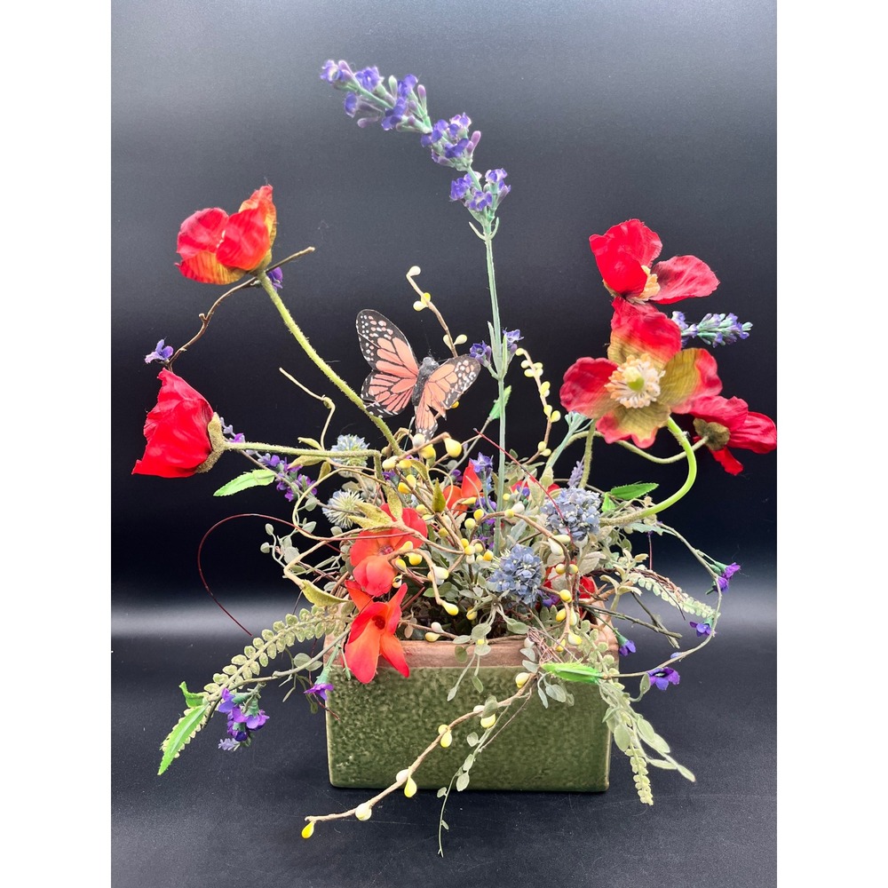 Flower Arrangement Greenery Poppies Lavender Butterfly Rustic Green Ceramic Pot